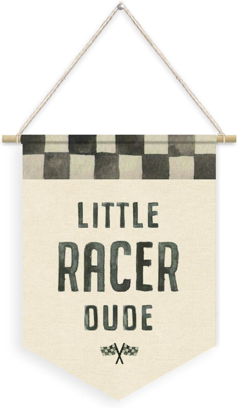 Dilemat Race Car Wall Art,Little Racer Dude Canvas Banner,Lightning Mcqueen Boys Room Pennant Flag Banner Wall Decor,Pixar Cars Room Decor,Nursery Wall Hanging for Kids Toddler Boys Bedroom Playroom - Image 1